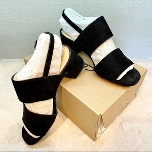 🔥 Clarks Sheer Sling Back Sandals Chunky Heel Wide Straps Black Suede 9